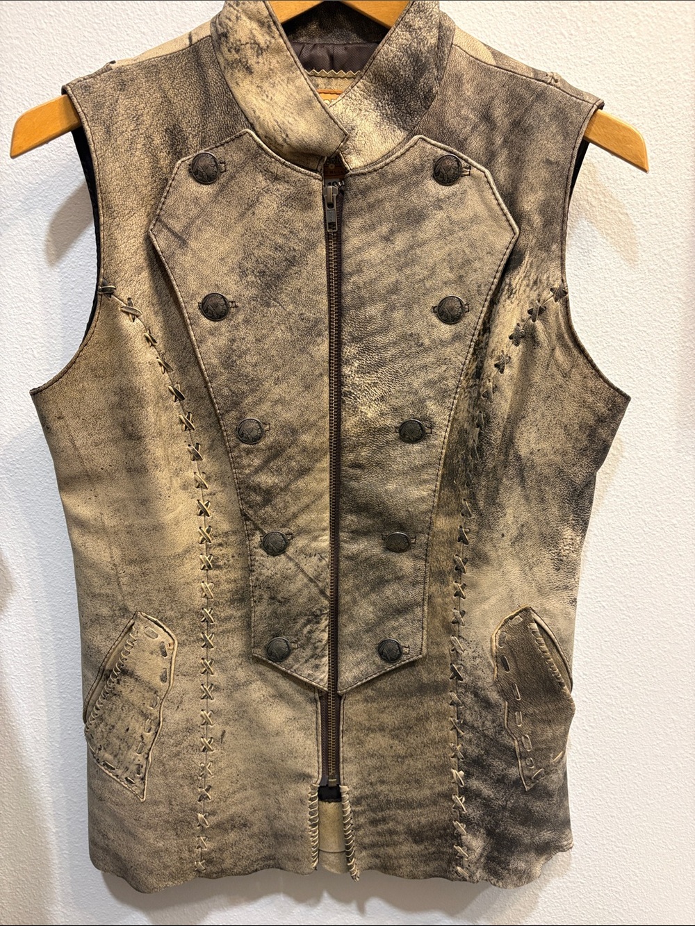 Sleeveless Distressed Leather Vest in Taupe